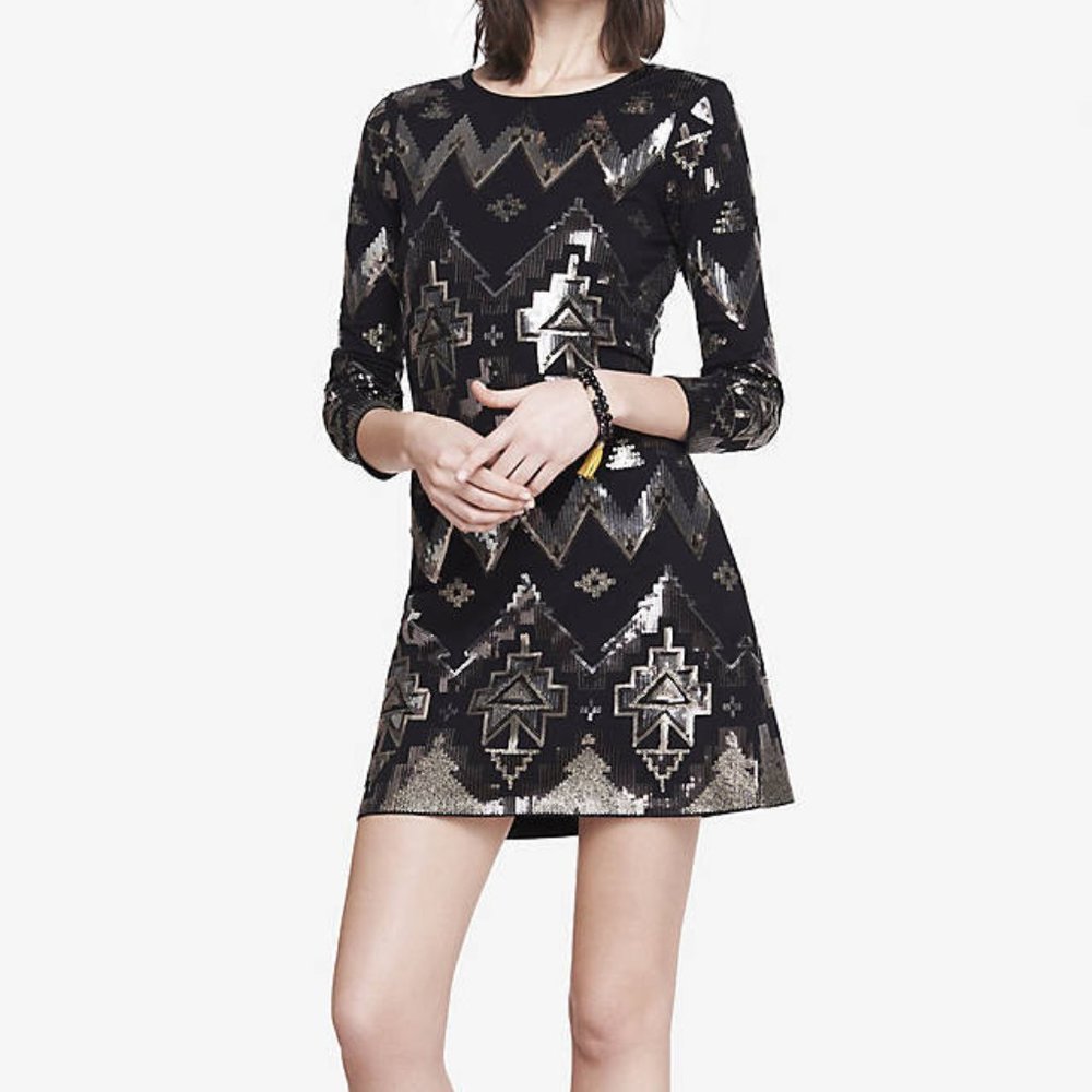 Express black dress with metallic sequins Western Aztec pattern M